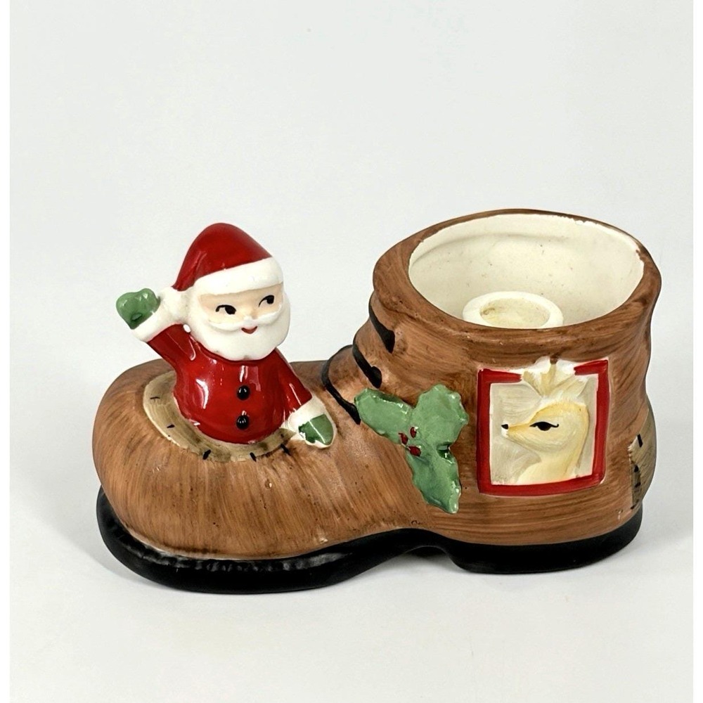 Vintage Napco Ceramic Candle Holder Santa Shoe Reindeer Christmas Boot X-5564